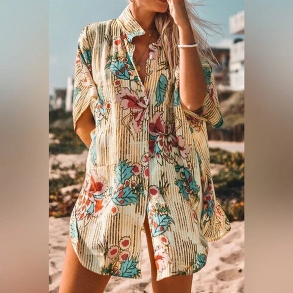 CUPSHE Floral & Striped Tropical Oversized Swim Beach Button Front Cover-Up Top - Picture 4 of 12